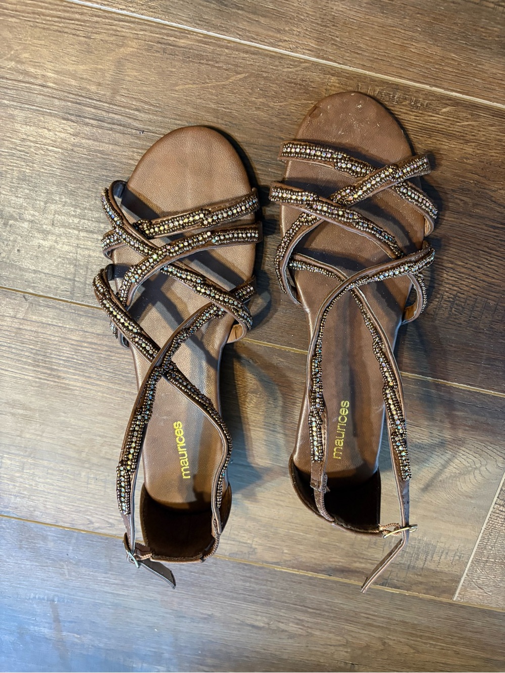 Maurices Brown Beaded Strappy Sandals with Crossed Straps